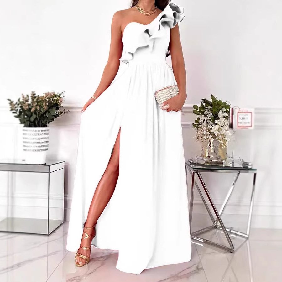 Women's One-Shoulder Maxi Dress with Ruffle and Thigh Slit - Maisie London