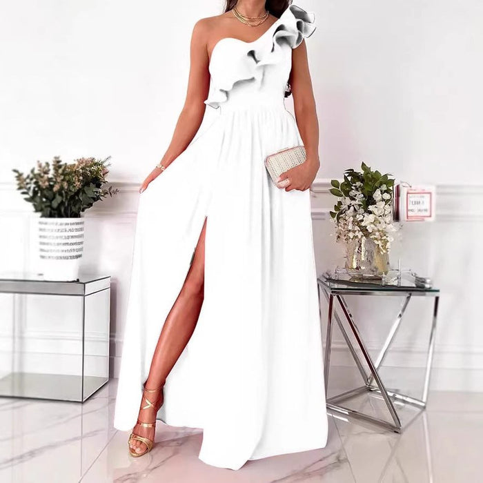 Women's One-Shoulder Maxi Dress with Ruffle and Thigh Slit - Maisie London