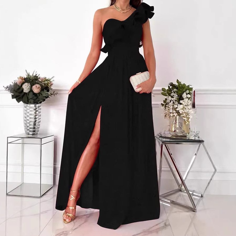 Women's One-Shoulder Maxi Dress with Ruffle and Thigh Slit - Maisie London