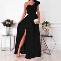 Women's One-Shoulder Maxi Dress with Ruffle and Thigh Slit - Maisie London