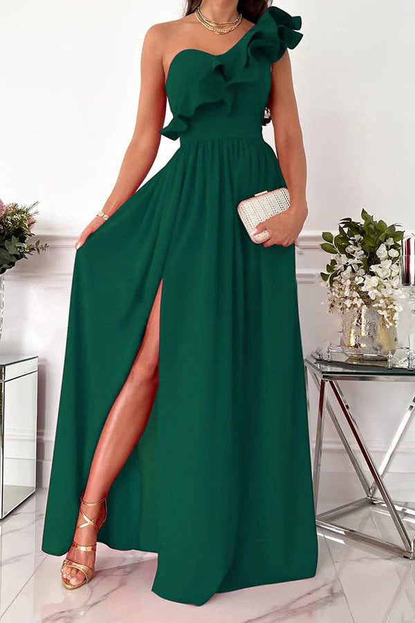 Women's One-Shoulder Maxi Dress with Ruffle and Thigh Slit - Maisie London
