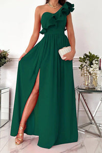 Women's One-Shoulder Maxi Dress with Ruffle and Thigh Slit - Maisie London