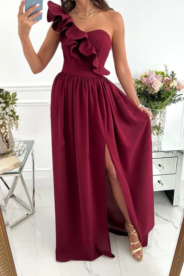 Women's One-Shoulder Maxi Dress with Ruffle and Thigh Slit - Maisie London