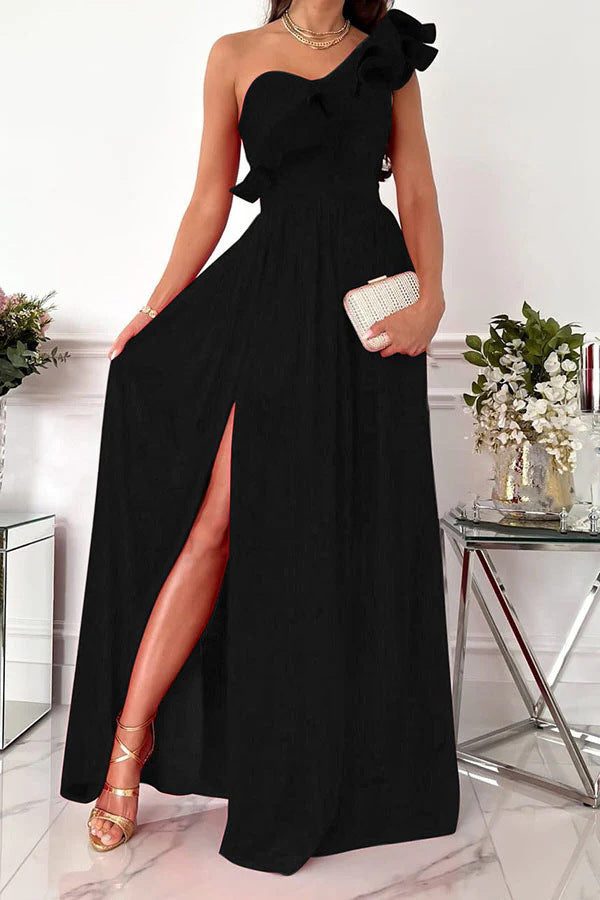 Women's One-Shoulder Maxi Dress with Ruffle and Thigh Slit - Maisie London