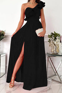 Women's One-Shoulder Maxi Dress with Ruffle and Thigh Slit - Maisie London