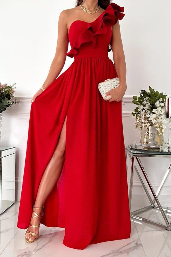 Women's One-Shoulder Maxi Dress with Ruffle and Thigh Slit - Maisie London