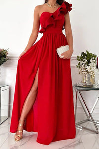 Women's One-Shoulder Maxi Dress with Ruffle and Thigh Slit - Maisie London