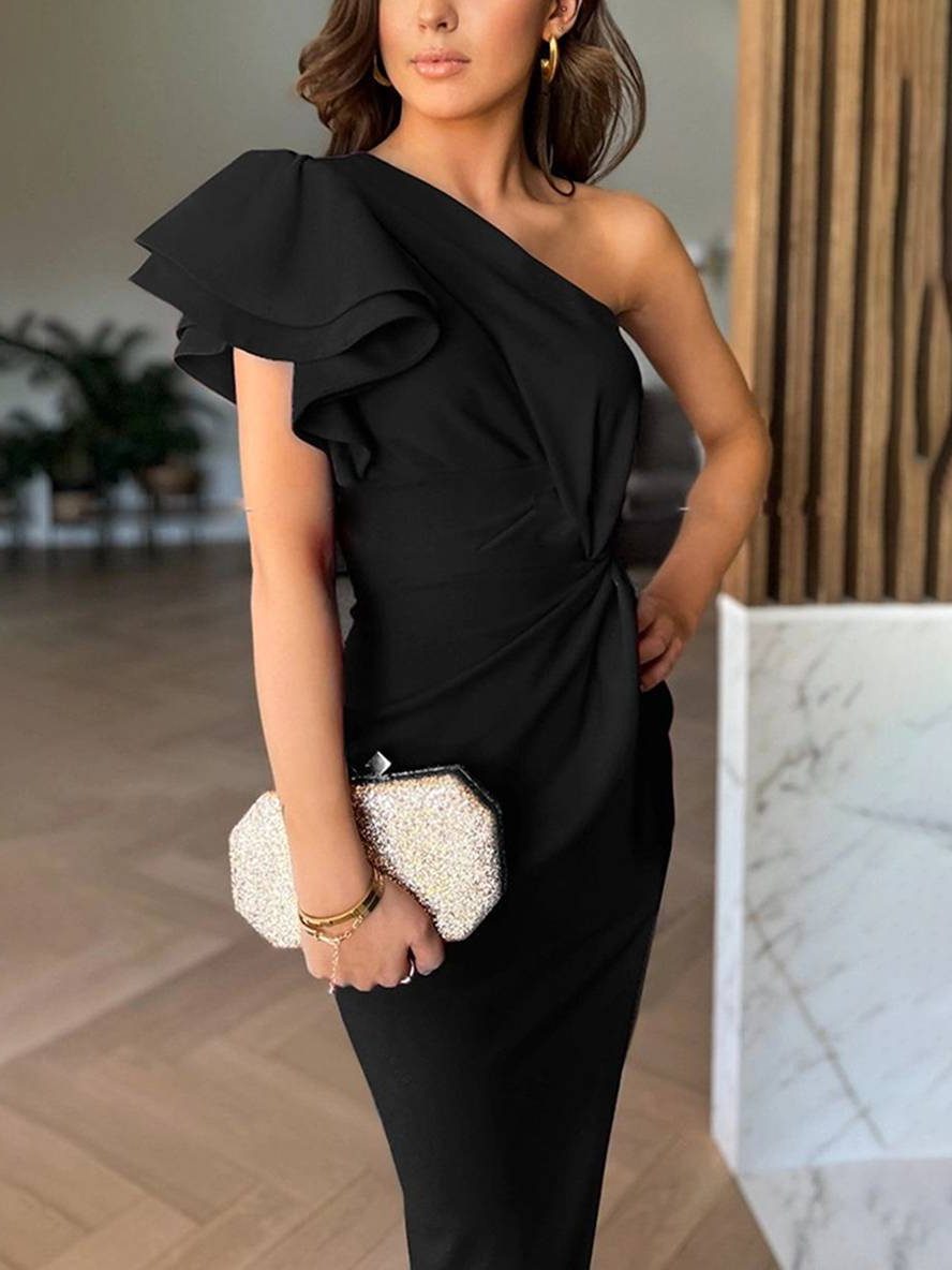 Women's Crepe One-Shoulder Maxi Dress with Ruffle and Thigh Split - Maisie London