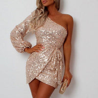 Women's Sequin One-Shoulder Mini Dress with Wrap-Front and Tie Waist - Maisie London