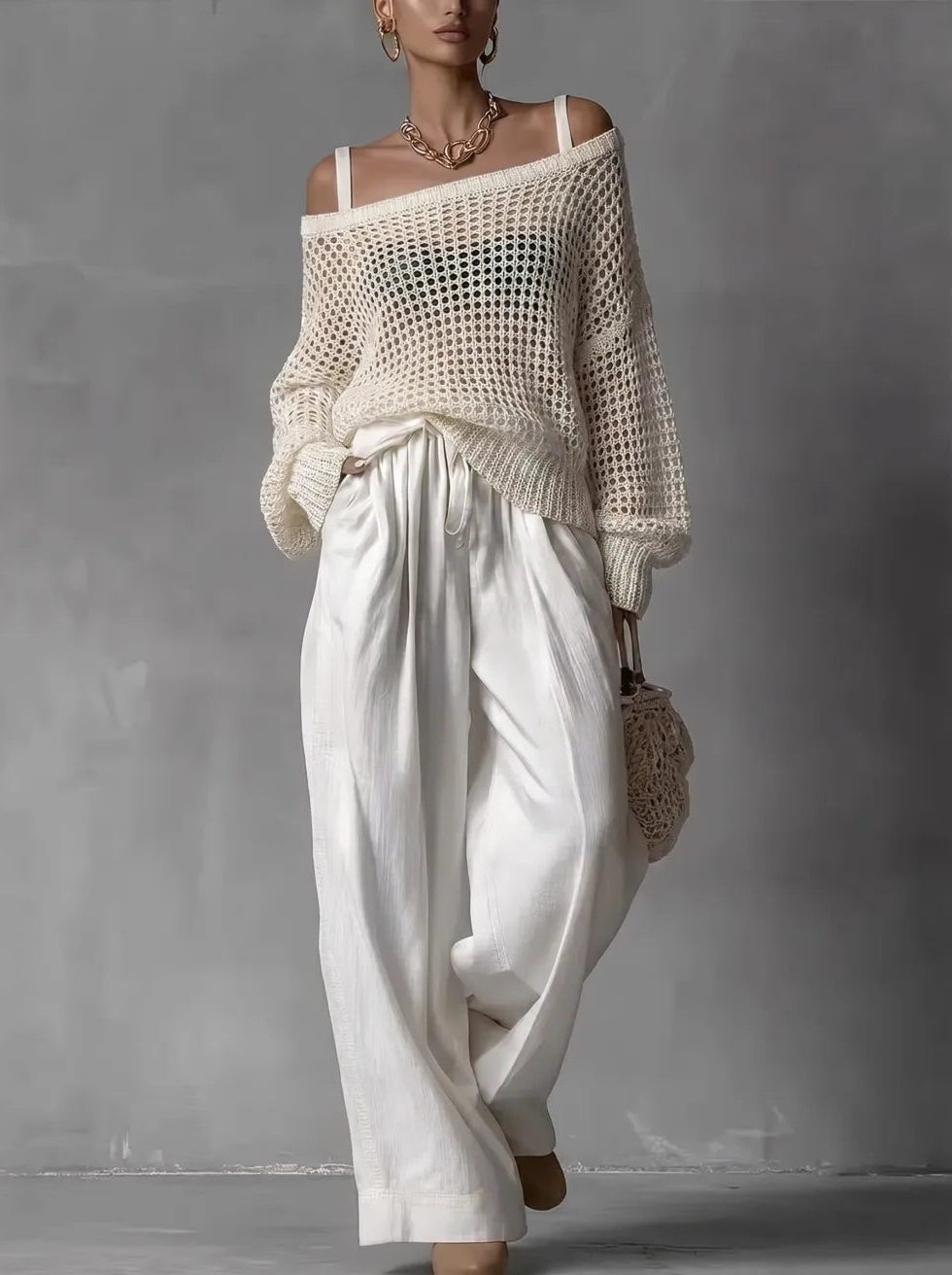 Women's Open-Knit Off-Shoulder Top and Wide-Leg Trouser Co-ord Set - Maisie London