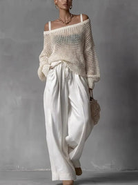 Women's Open-Knit Off-Shoulder Top and Wide-Leg Trouser Co-ord Set - Maisie London