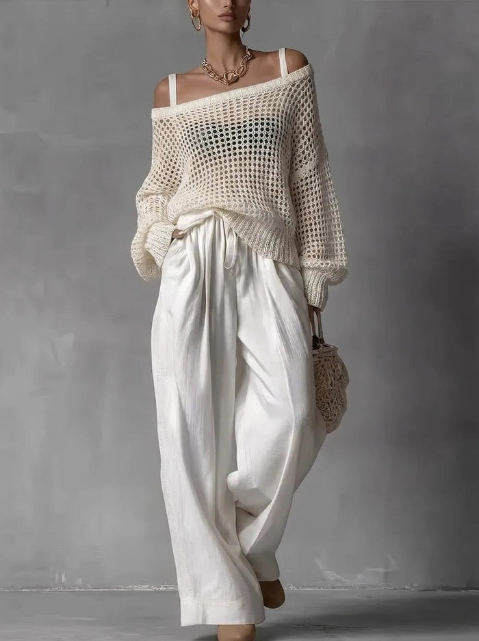 Women's Open-Knit Off-Shoulder Top and Wide-Leg Trouser Co-ord Set - Maisie London