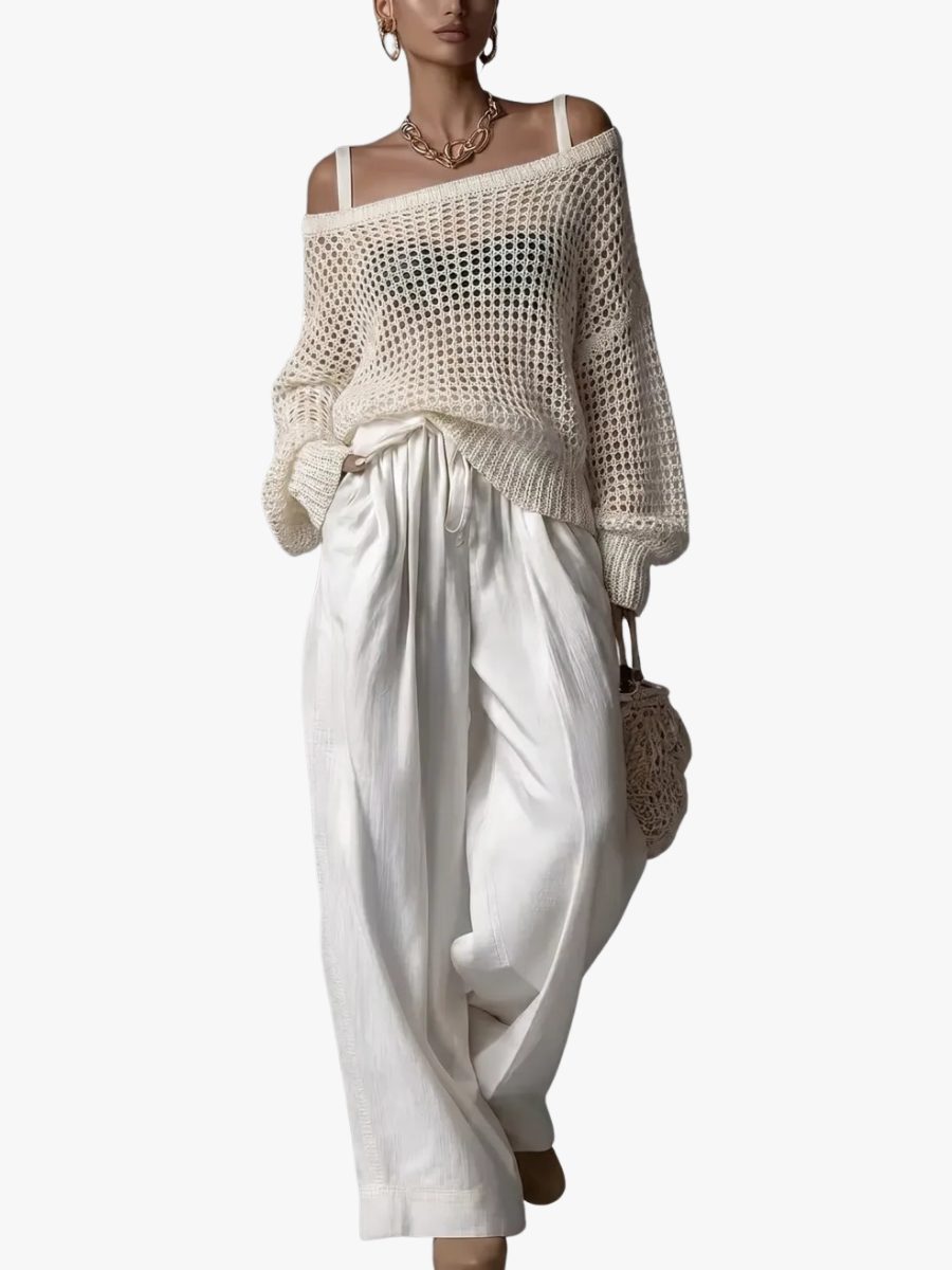 Women's Open-Knit Off-Shoulder Top and Wide-Leg Trouser Co-ord Set - Maisie London