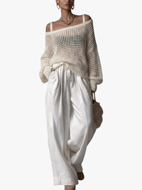 Women's Open-Knit Off-Shoulder Top and Wide-Leg Trouser Co-ord Set - Maisie London