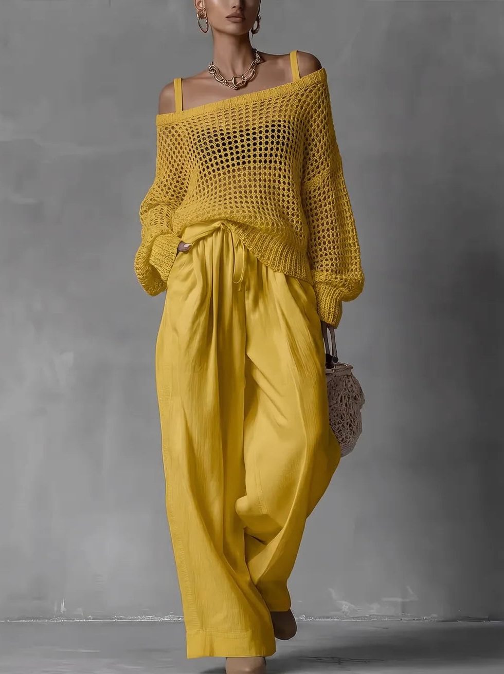 Women's Open-Knit Off-Shoulder Top and Wide-Leg Trouser Co-ord Set - Maisie London