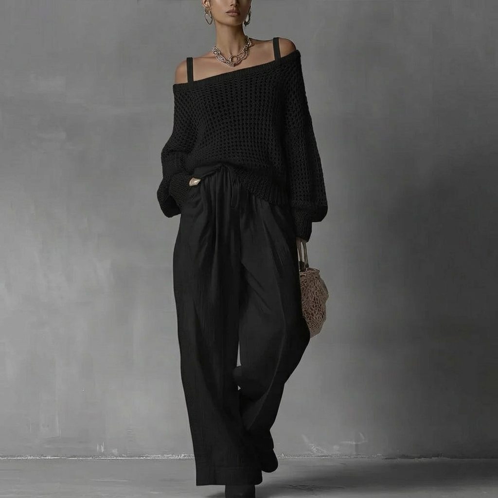 Women's Open-Knit Off-Shoulder Top and Wide-Leg Trouser Co-ord Set - Maisie London