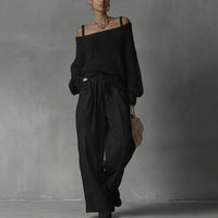 Women's Open-Knit Off-Shoulder Top and Wide-Leg Trouser Co-ord Set - Maisie London