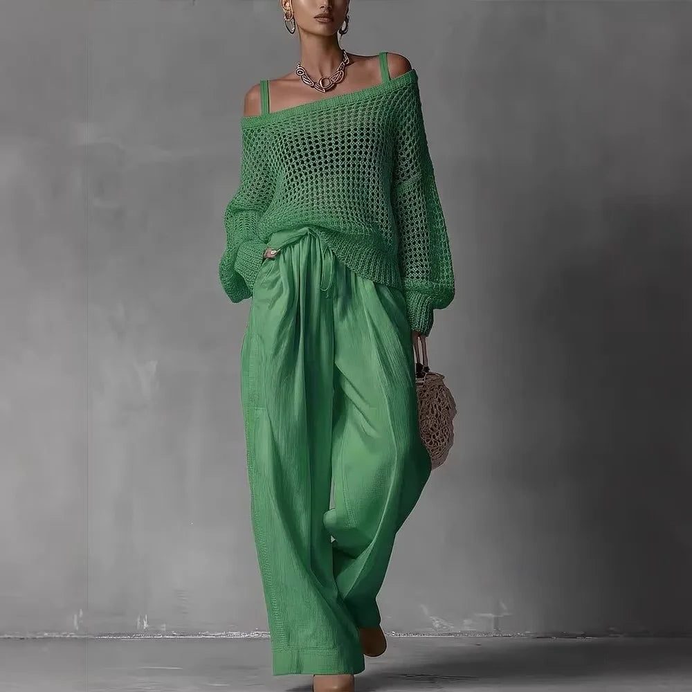 Women's Open-Knit Off-Shoulder Top and Wide-Leg Trouser Co-ord Set - Maisie London