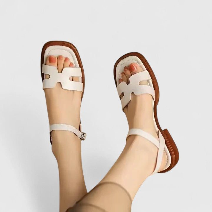 Women's Faux Leather Flat Sandals with Cut-Out Strap and Ankle Buckle - Maisie London