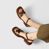 Women's Faux Leather Flat Sandals with Cut-Out Strap and Ankle Buckle - Maisie London