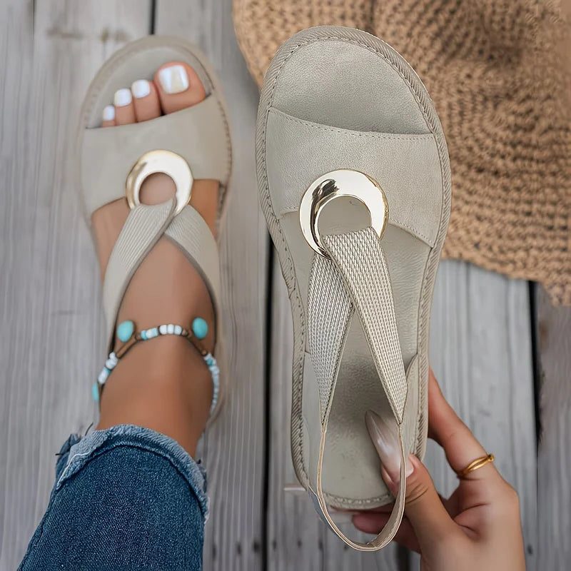 Women's Open-Toe Slingback Wedge Sandals with Ring Detail - Maisie London