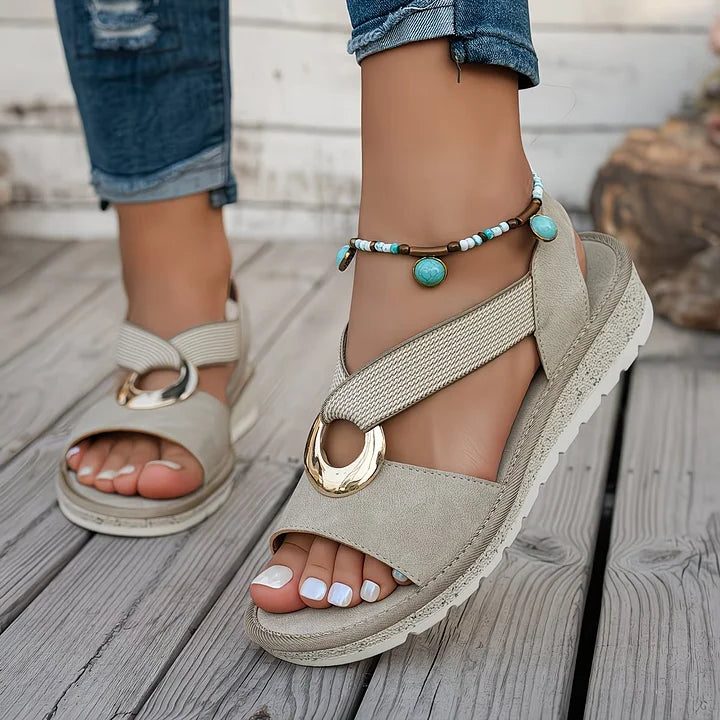 Women's Open-Toe Slingback Wedge Sandals with Ring Detail - Maisie London