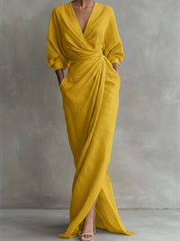 Women's Linen-Look Wrap Maxi Dress with Twist Waist and Front Split - Maisie London