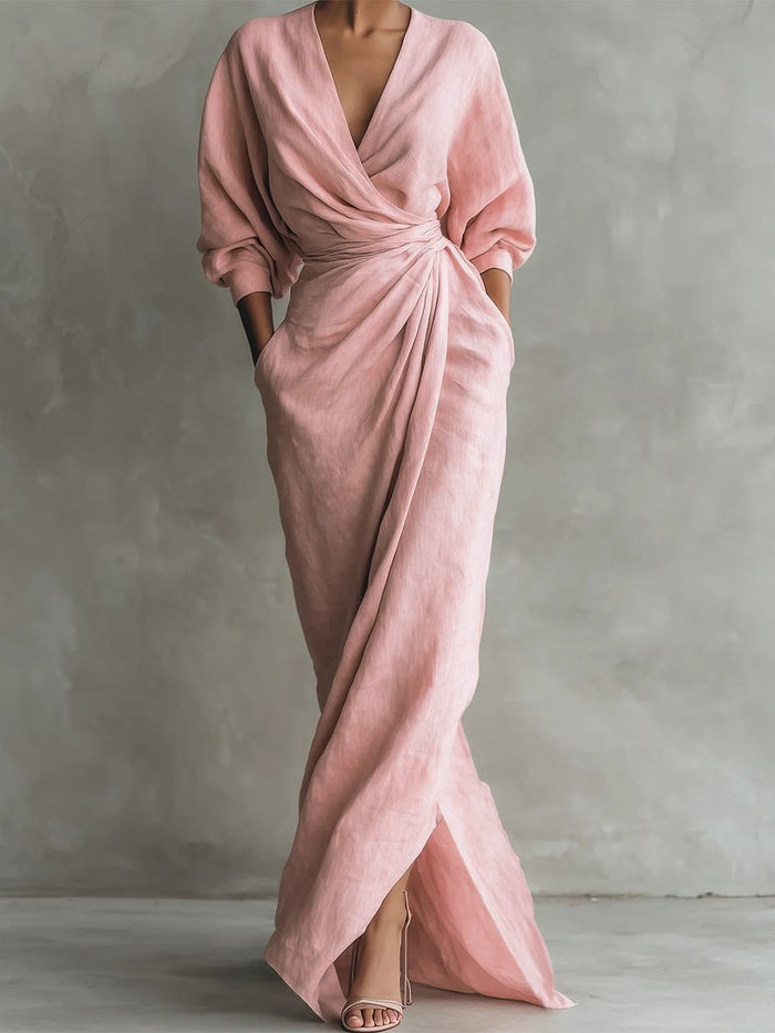 Women's Linen-Look Wrap Maxi Dress with Twist Waist and Front Split - Maisie London