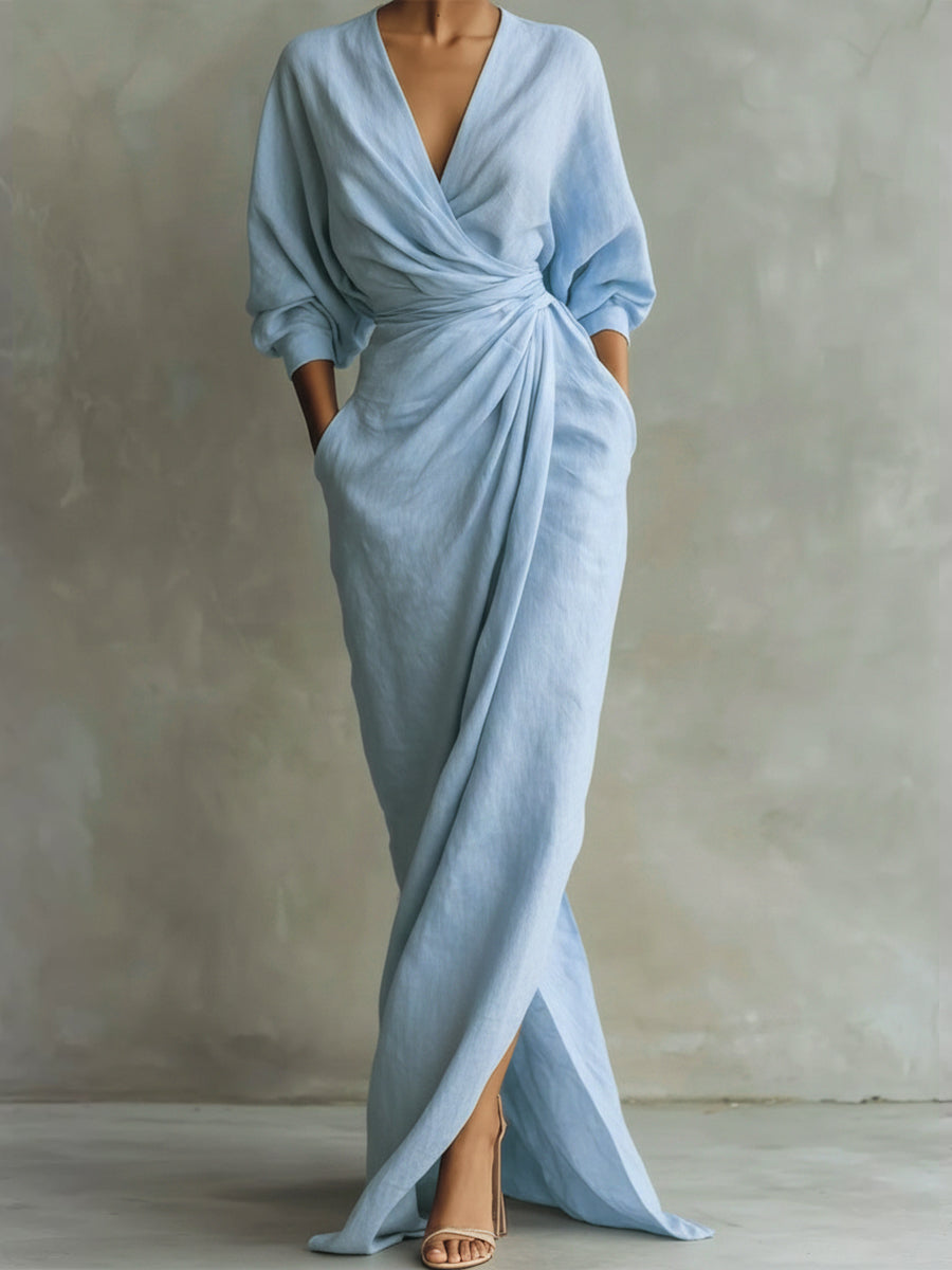 Women's Linen-Look Wrap Maxi Dress with Twist Waist and Front Split - Maisie London