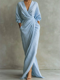 Women's Linen-Look Wrap Maxi Dress with Twist Waist and Front Split - Maisie London
