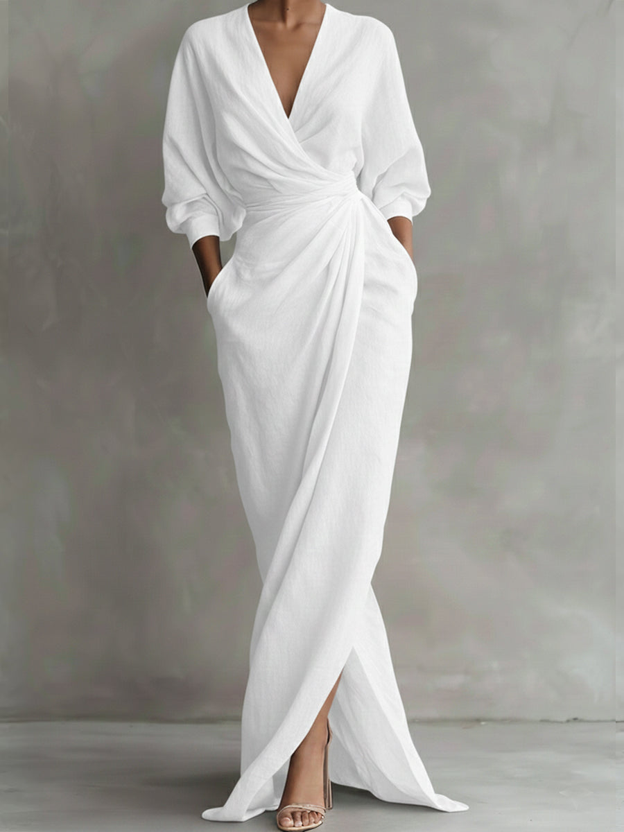 Women's Linen-Look Wrap Maxi Dress with Twist Waist and Front Split - Maisie London