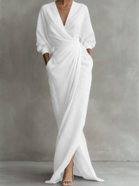 Women's Linen-Look Wrap Maxi Dress with Twist Waist and Front Split - Maisie London