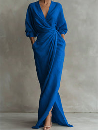 Women's Linen-Look Wrap Maxi Dress with Twist Waist and Front Split - Maisie London