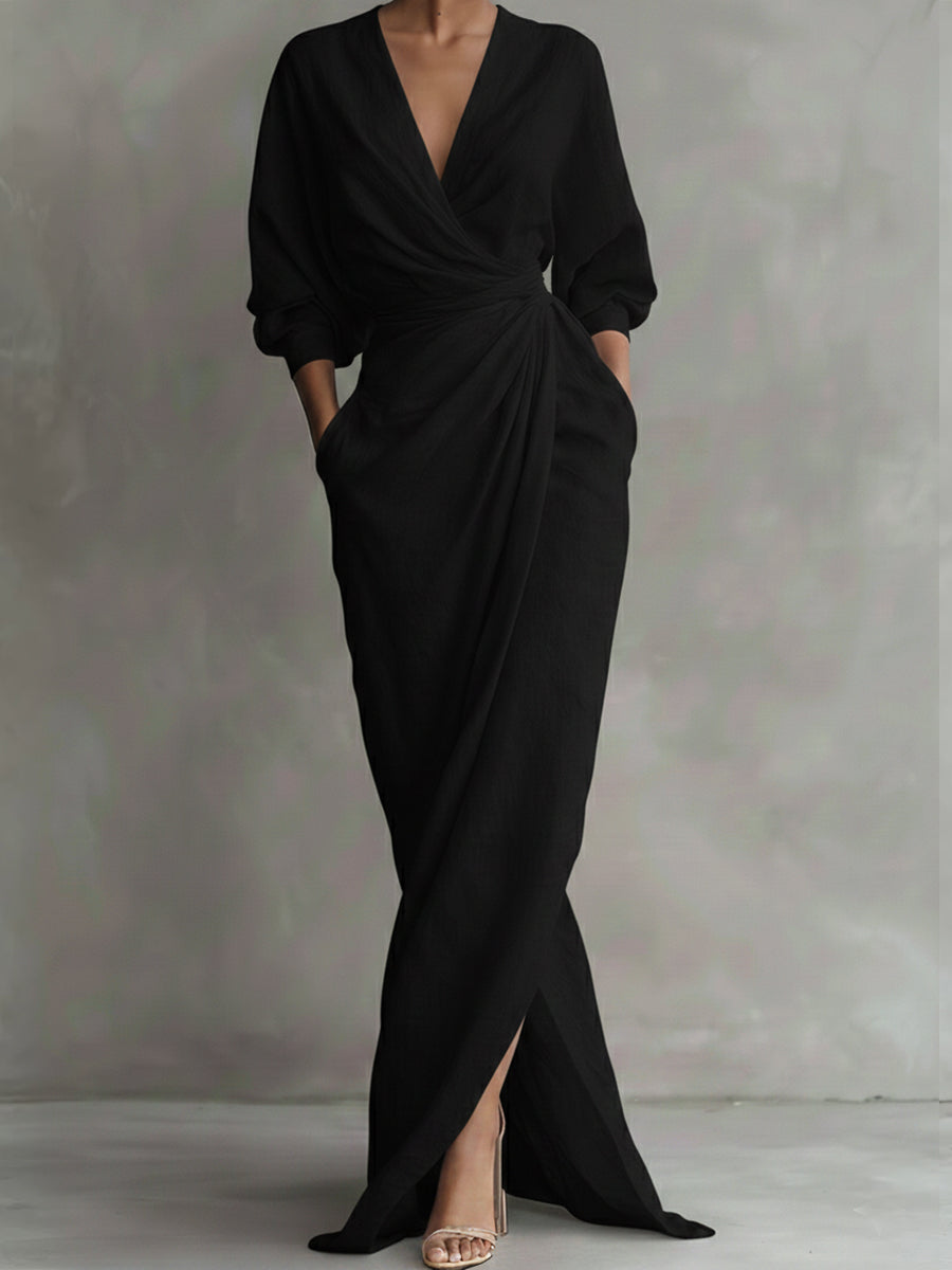 Women's Linen-Look Wrap Maxi Dress with Twist Waist and Front Split - Maisie London