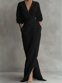 Women's Linen-Look Wrap Maxi Dress with Twist Waist and Front Split - Maisie London
