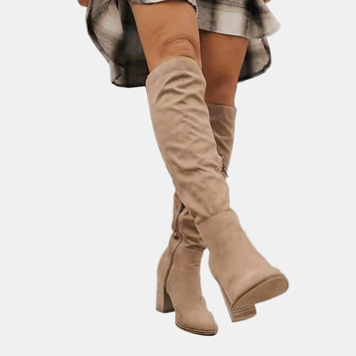 Women's Faux Suede Over-The-Knee Boots with Block Heel and Side Zip - Maisie London
