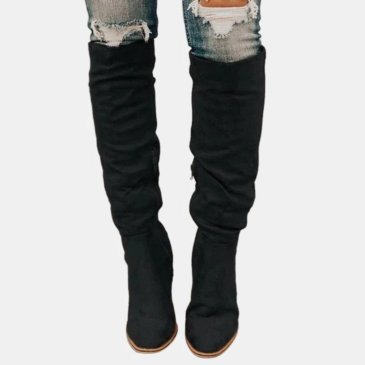 Women's Faux Suede Over-The-Knee Boots with Block Heel and Side Zip - Maisie London