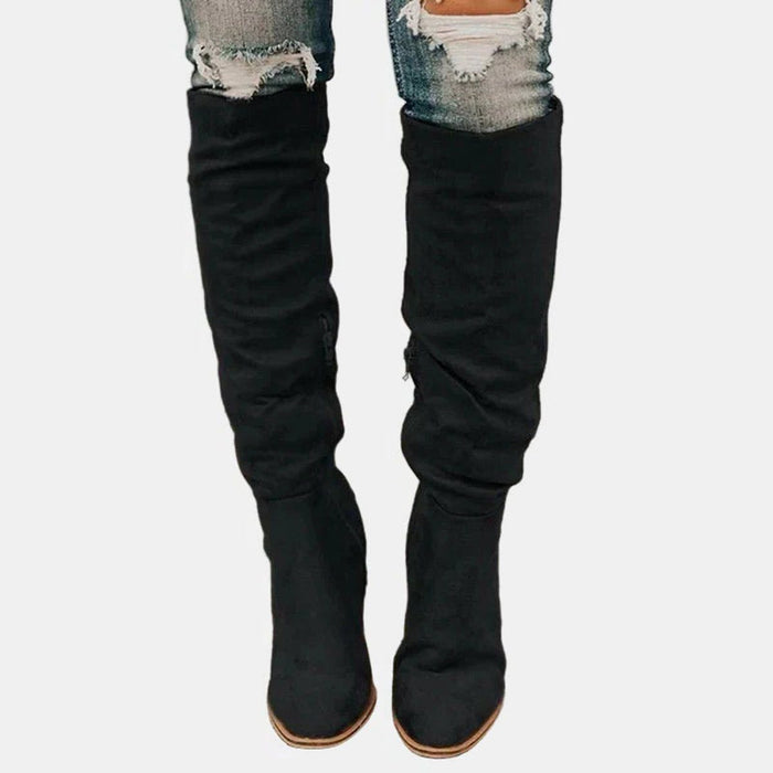 Women's Faux Suede Over-The-Knee Boots with Block Heel and Side Zip - Maisie London