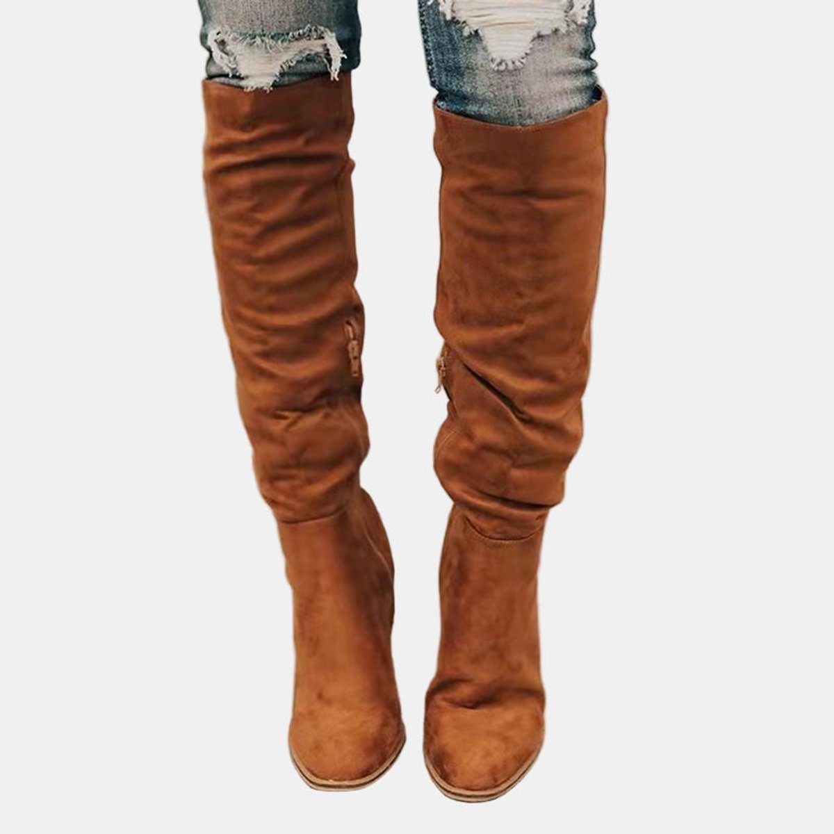 Women's Faux Suede Over-The-Knee Boots with Block Heel and Side Zip - Maisie London