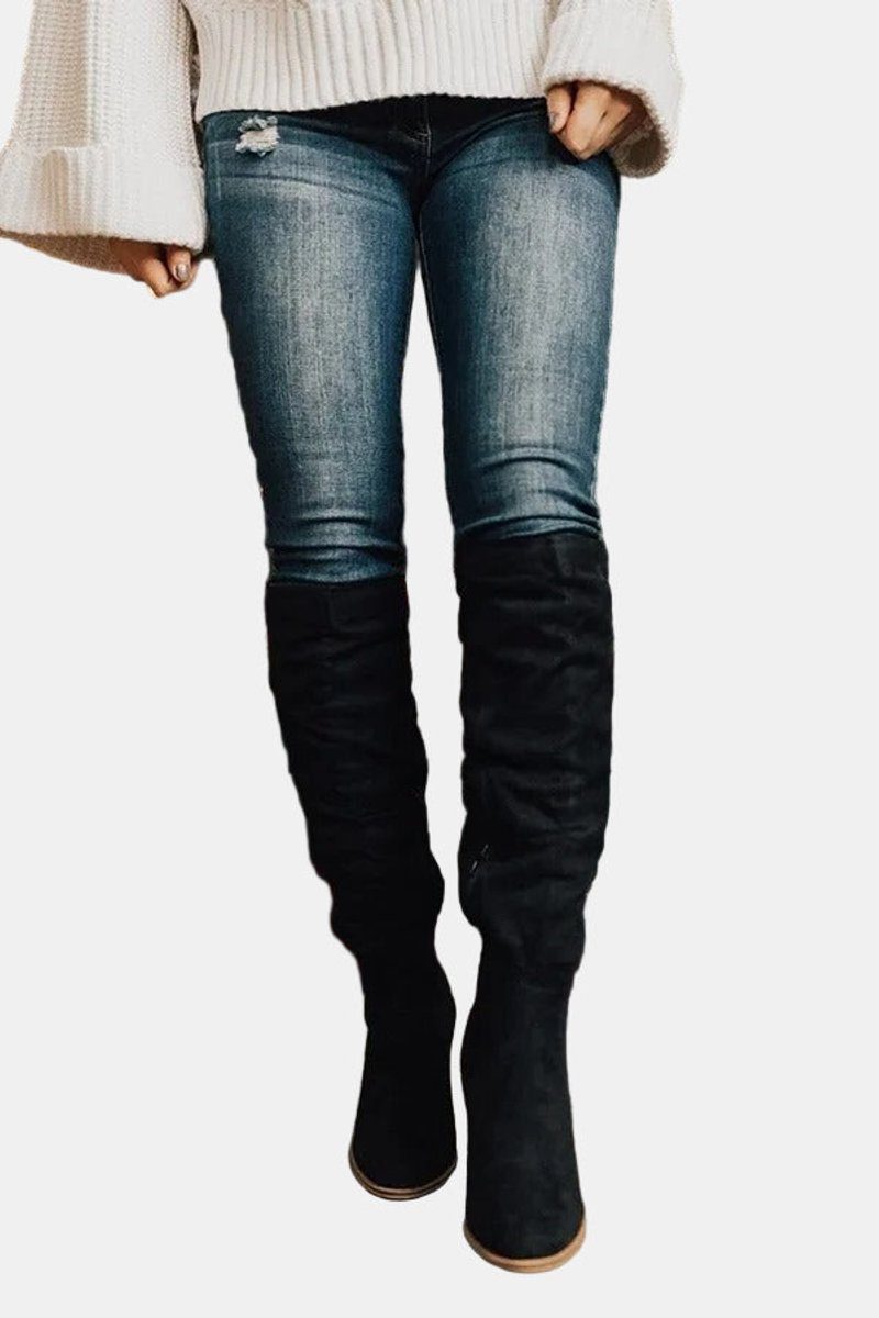Women's Faux Suede Over-The-Knee Boots with Block Heel and Side Zip - Maisie London