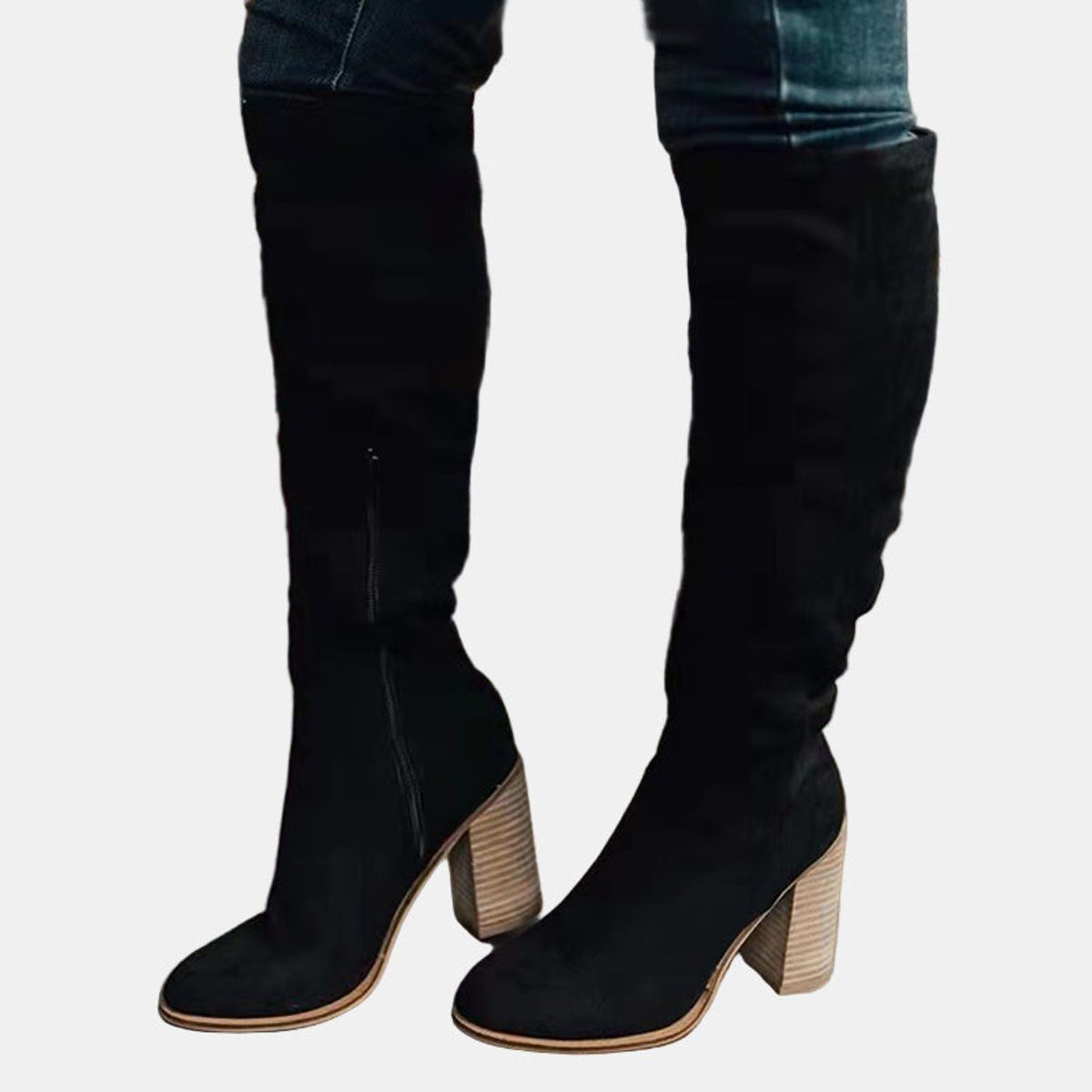 Women's Faux Suede Over-The-Knee Boots with Block Heel and Side Zip - Maisie London