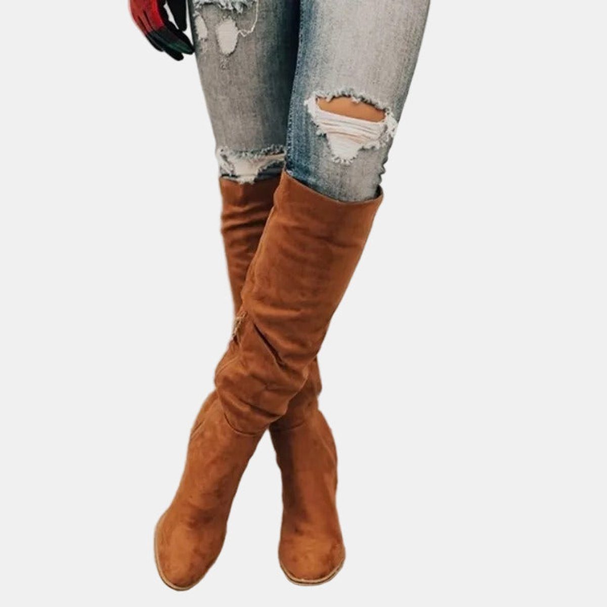 Women's Faux Suede Over-The-Knee Boots with Block Heel and Side Zip - Maisie London