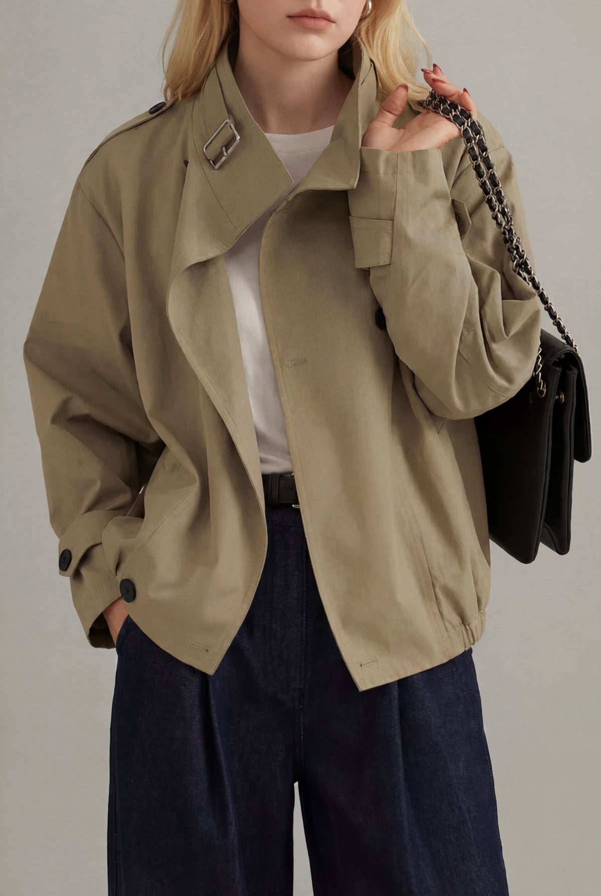 Women's Oversized Cropped Trench Jacket with Buckle Collar - Maisie London