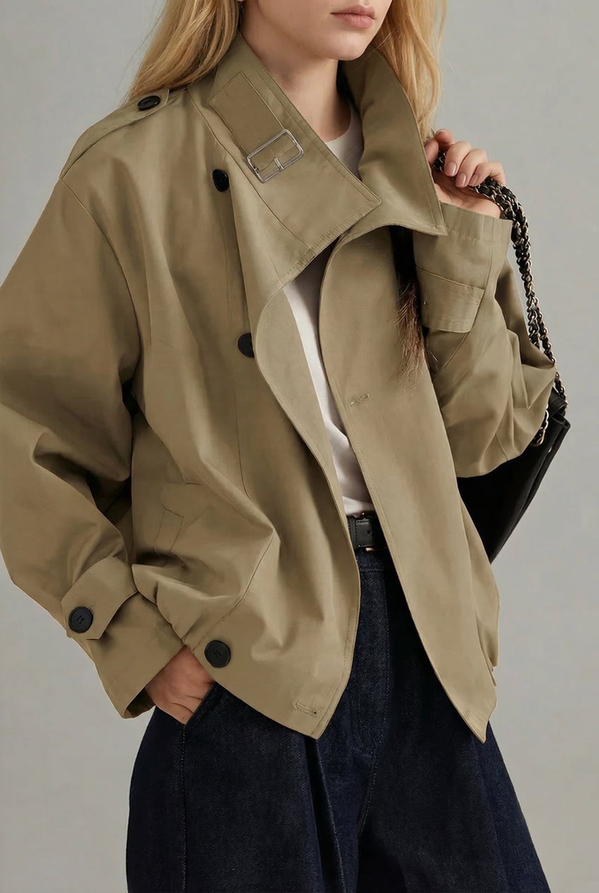 Women's Oversized Cropped Trench Jacket with Buckle Collar - Maisie London