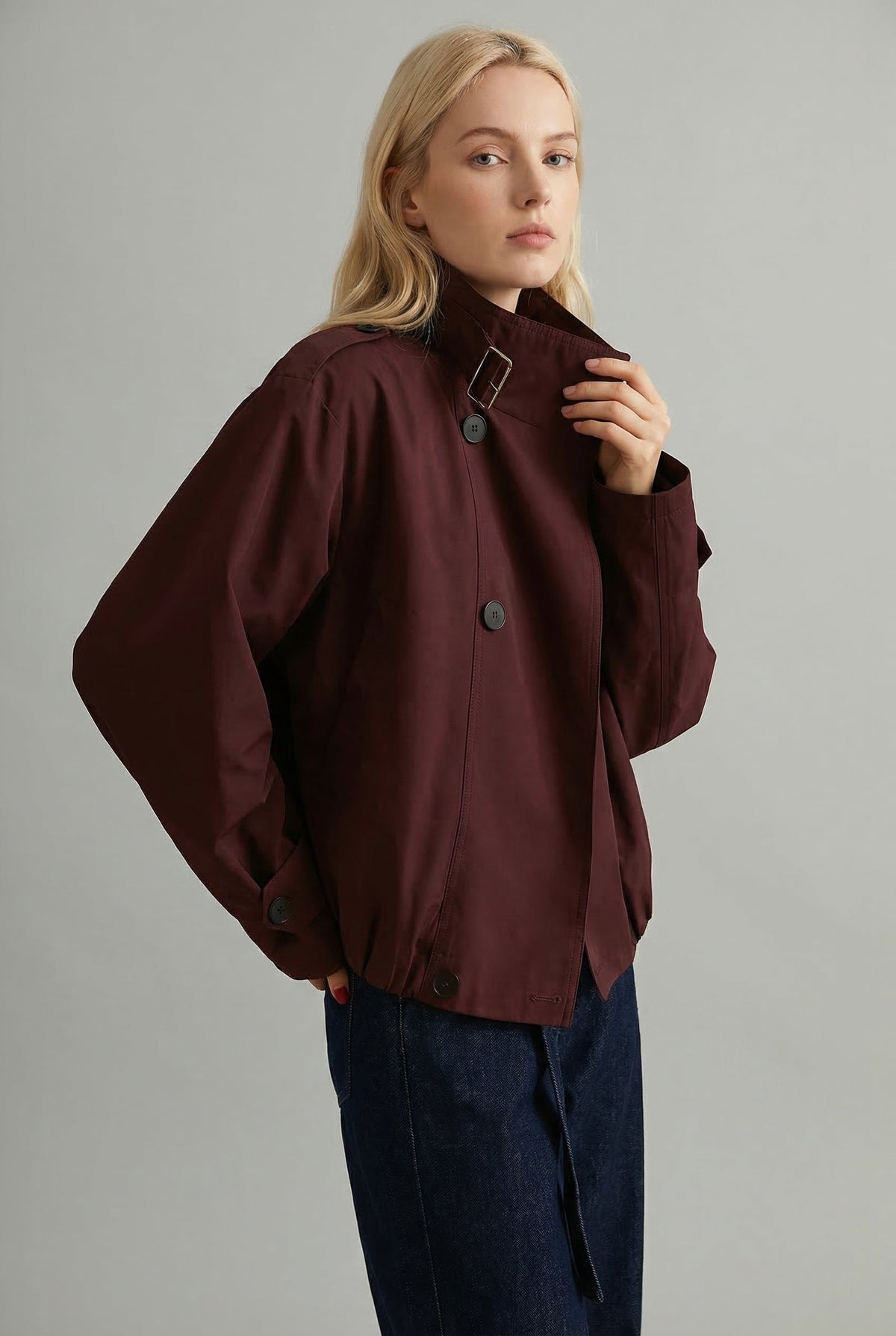 Women's Oversized Cropped Trench Jacket with Buckle Collar - Maisie London