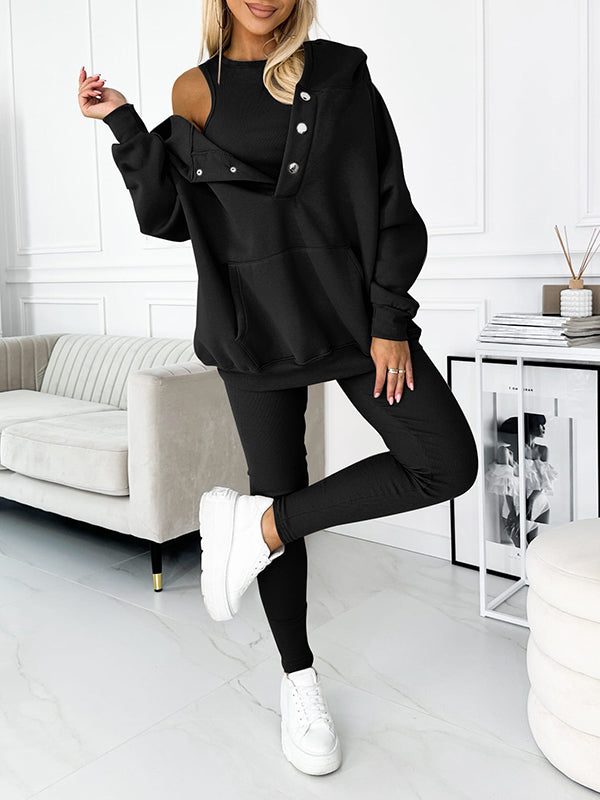 Women's Oversized Hooded Co-ord Set with Button Placket and Leggings - Maisie London