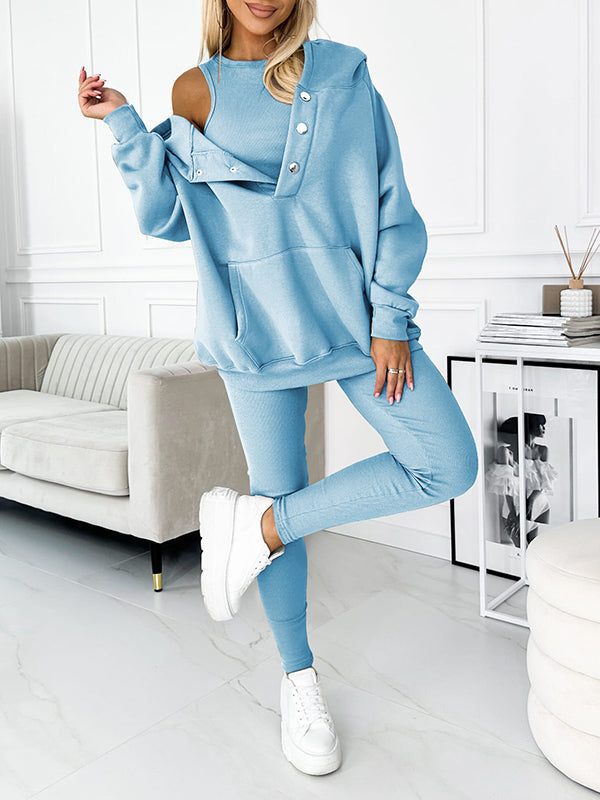Women's Oversized Hooded Co-ord Set with Button Placket and Leggings - Maisie London