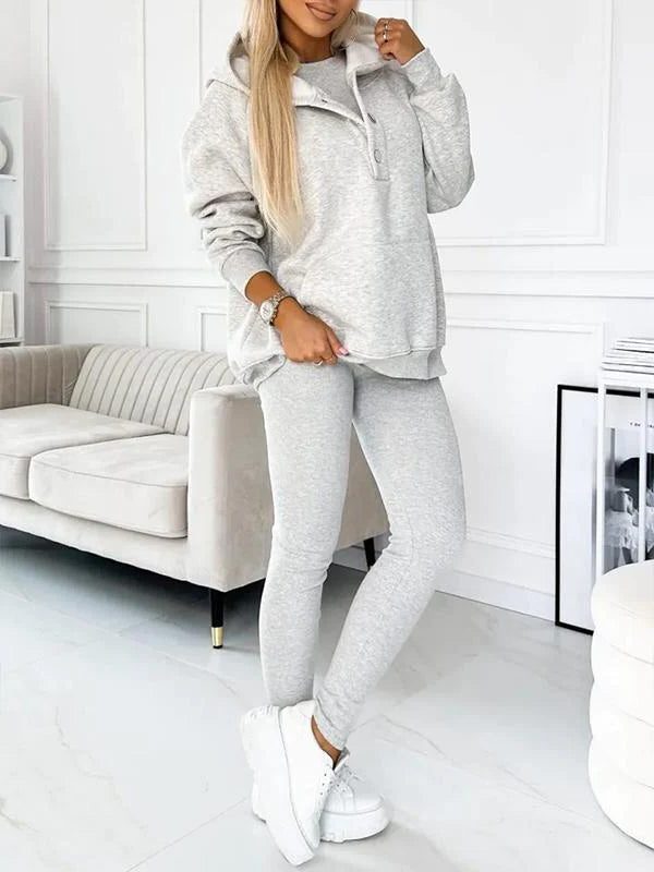 Women's Oversized Hooded Co-ord Set with Button Placket and Leggings - Maisie London