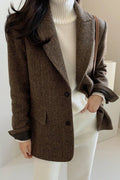 Women's Herringbone Oversized Blazer with Notch Lapels and Pockets