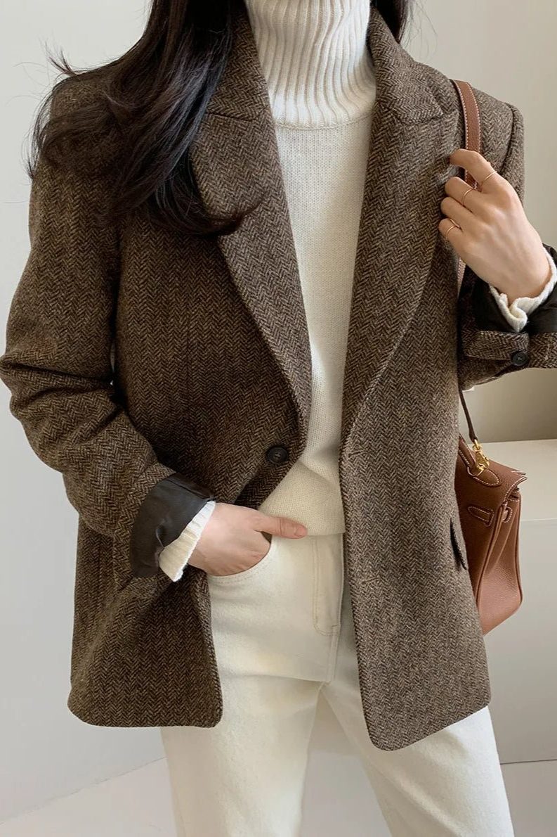 Women's Herringbone Oversized Blazer with Notch Lapels and Pockets - Maisie London
